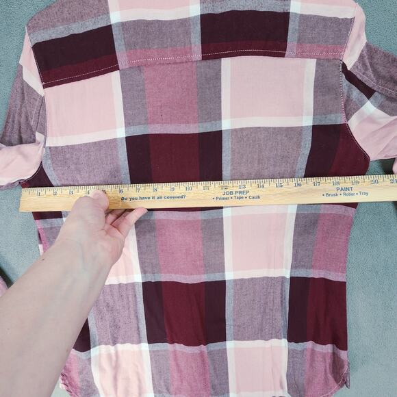 Tommy Hilfiger Button Up Shirt sz M Women Buffalo Plaid Red Purple Pink Roll Tab - Picture 6 of 12
